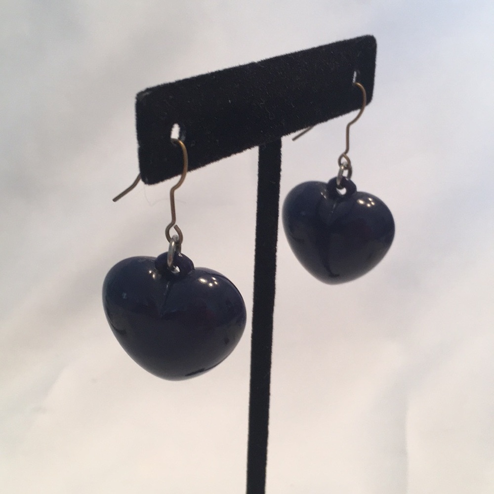 Dark Navy Blue Puffy Lucite Heart Drop Dangle Pierced Earrings